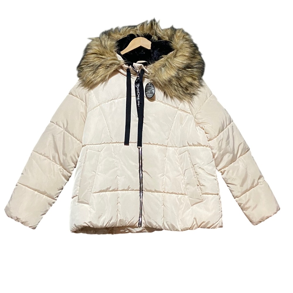 NWOT Bebe Sport Womens Cream Puffer Jacket Removable Faux Fur Hood XL OLYB186